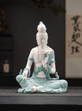 禅意玄关莲花观自在菩萨水月观音佛像供奉家用德化白瓷像陶瓷摆件