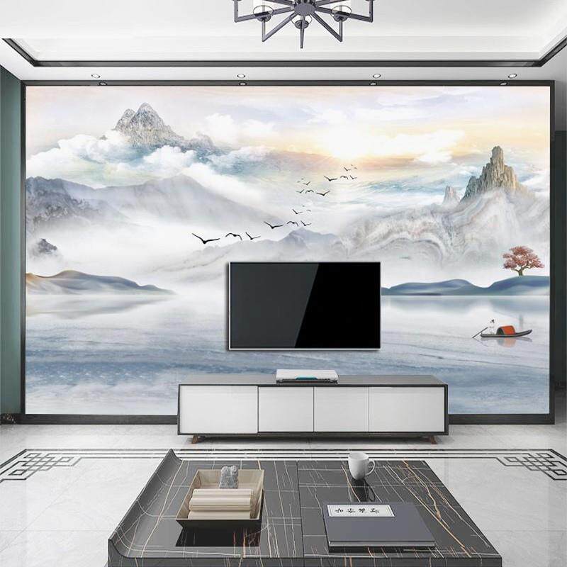 水墨山水画墙纸客厅电视背景壁布办公茶室书房大气墙布3D立体壁纸