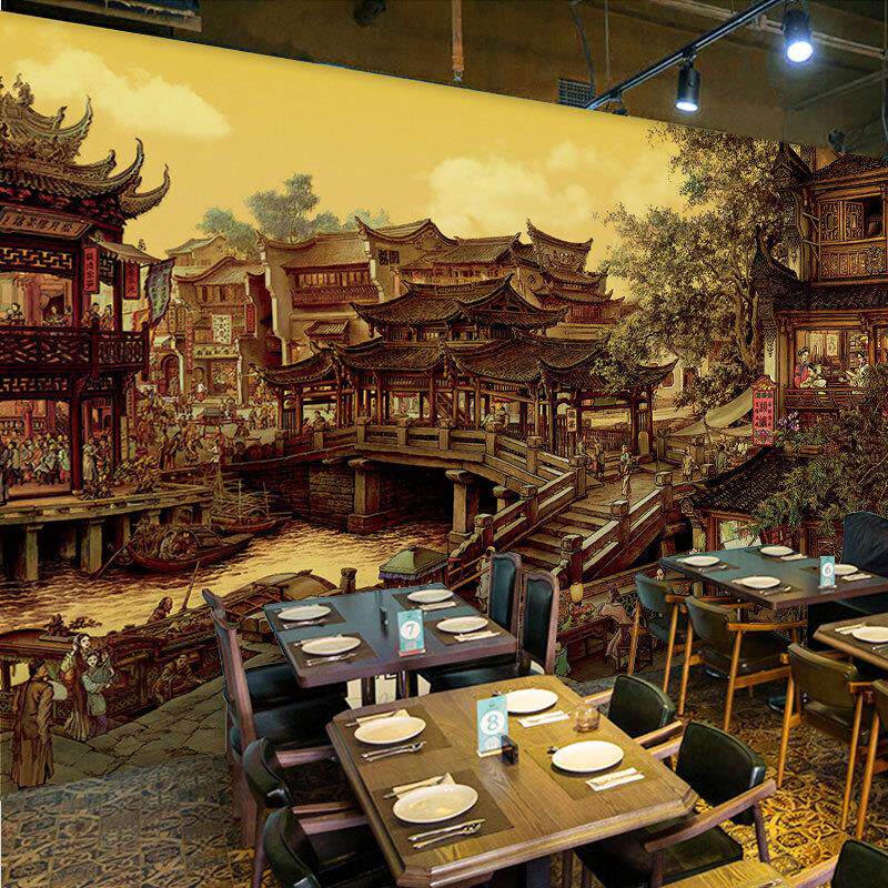仿古饭店江南水乡墙纸中国风古典壁画复古怀旧南巷南乡旧梦图壁纸
