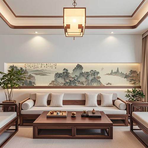 客厅沙发床头横向壁画横梁腰线壁纸新中式长条山水画宋代美学墙布