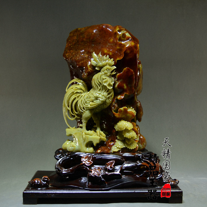 玉石摆件 客厅 天然岫玉器玉雕红玉办公室鸿运当头 公鸡 鸡血红