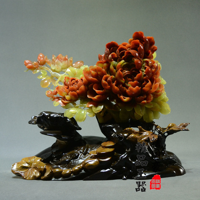 玉石摆件客厅天然岫玉摆件原石玉雕摆件红牡丹花家居玄关乔迁礼品