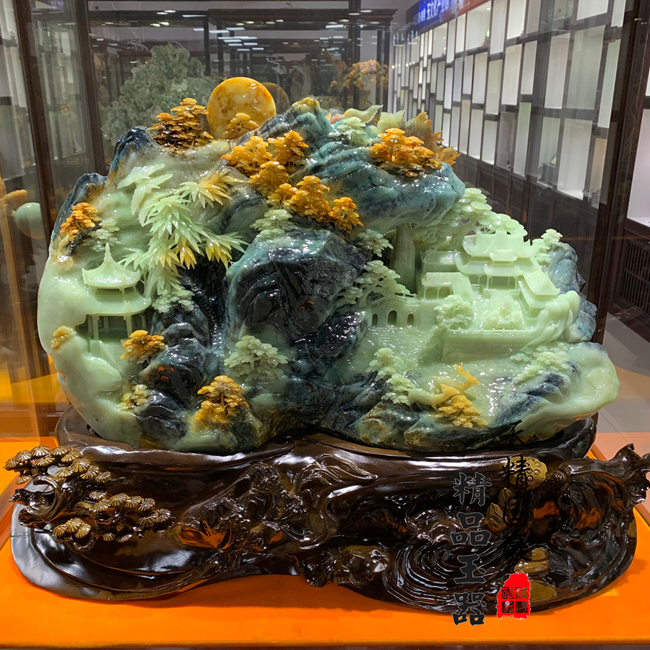 玉石摆件天然岫玉摆件客厅山水