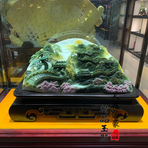 天然岫玉水墨山水长城玉雕摆件