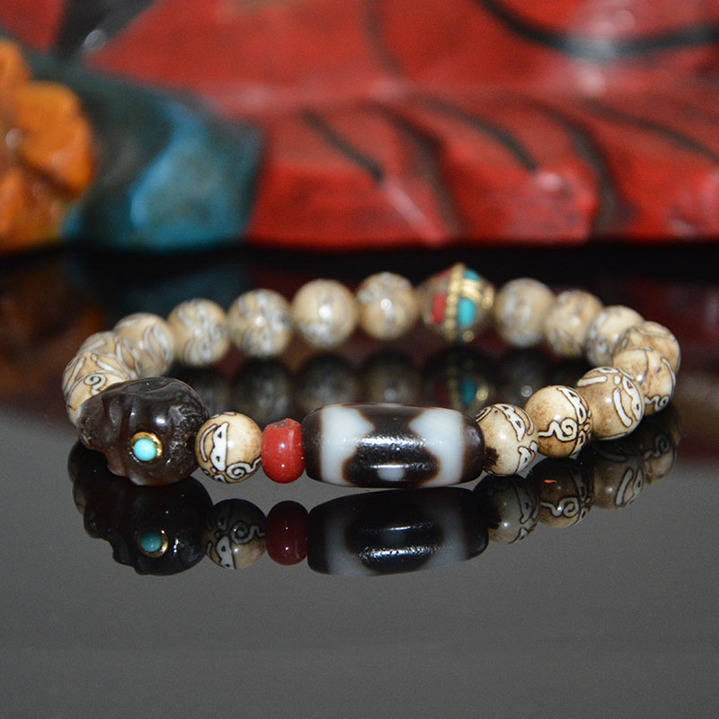 孤品天然西藏包浆莲花虎牙坛城三眼天珠手串天眼手链原创设计