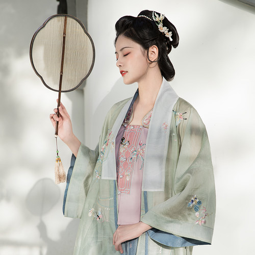 瞳莞汉服原创设计新品绣花直领竖领对襟比甲夏季显瘦满褶裙岄扇香