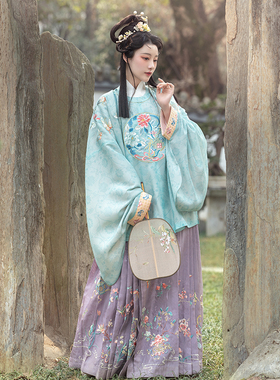 瞳莞汉服原创中国风明制圆领大袖短袄秋冬新品四季平安百搭艾绿色