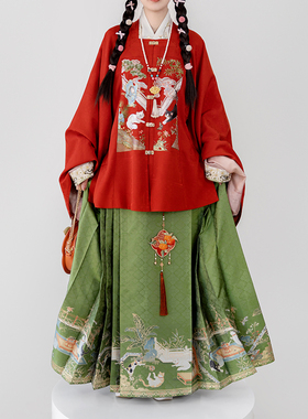 瞳莞汉服方领对襟大袖短袄女刺绣猫补走秀款秋季新品补服闲庭御猫