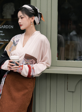 瞳莞汉服原创直领对襟长背心日常上班穿飞机袖短衫秋冬旋裙锦灰堆