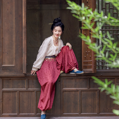瞳莞汉服原创设计长乐高腰灯笼裤圆领短衫透气清新日常套装夏款