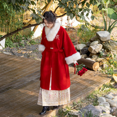 瞳莞冬日来信圆领对襟直袖 大衣秋冬羊毛红色外套可拆卸毛领毛呢