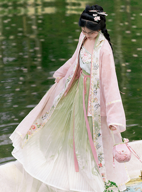 瞳莞淡绯色飞机袖一山春色绣花长褙子绿百迭裙天丝夏季吊带汉服女