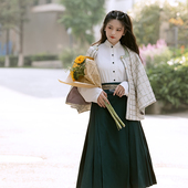 瞳莞墨绿色马面裙日常邂逅清晨方领半袖 比甲上班穿秋冬通勤汉服女