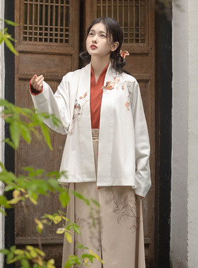 瞳莞明制汉服女雀悦吟直领对襟长袄冬季新品日常通勤毛呢外套套装