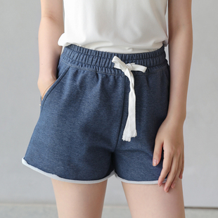 涤棉混纺 休闲运动短裤女宽松直筒阔腿裤高腰显瘦舒适棉复古做旧