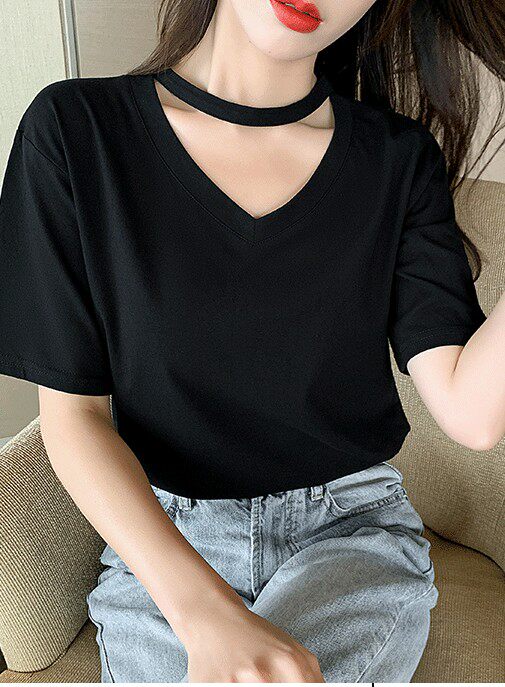 新款大码短袖袖女装宽松圆领挂脖T恤