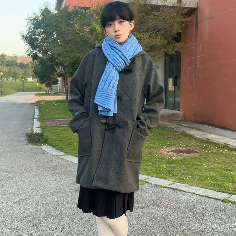 学院风牛角扣毛呢大衣外套