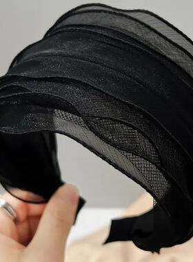 黑色宽边发箍女遮白发头饰波点欧根纱发夹齿防滑发箍加宽遮盖神器