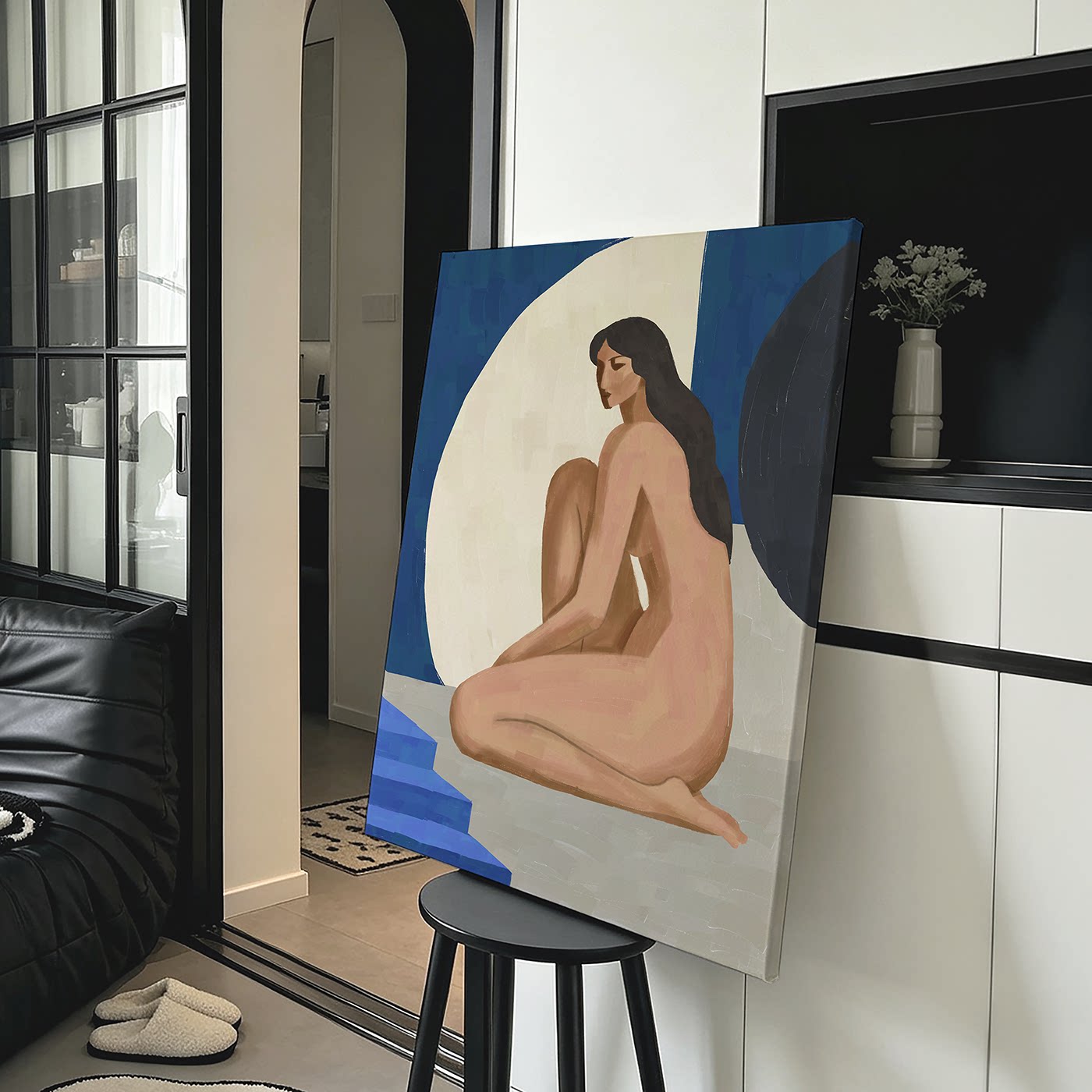 素影莫兰迪蓝白几何色块人体油画风装饰画简约抽象卧室会所挂画