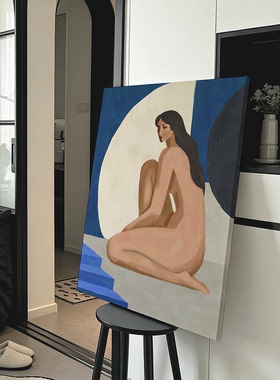 素影莫兰迪蓝白几何色块人体油画风装饰画简约抽象卧室会所挂画