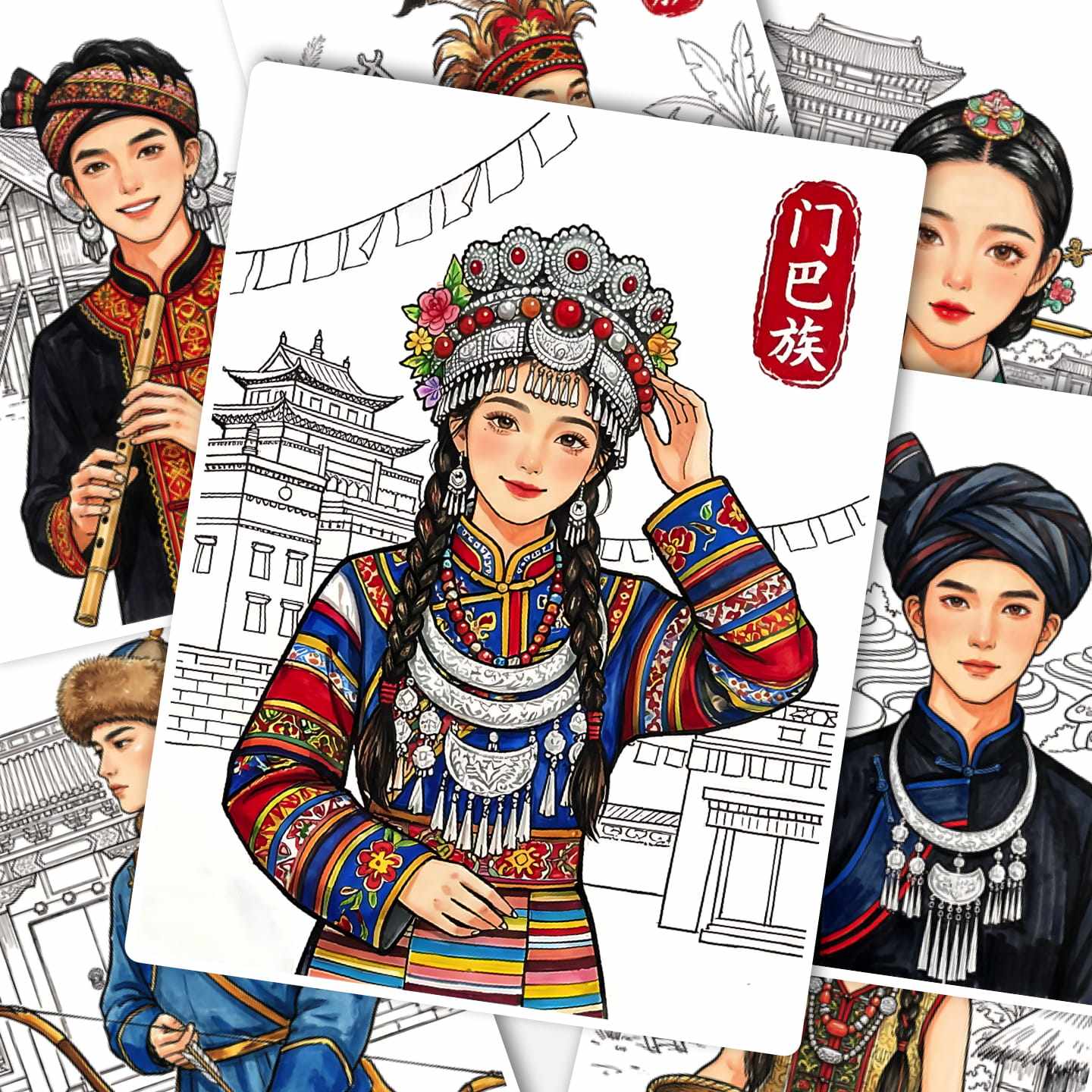 霓裳五十六曲临摹卡儿童创意美术明信片马克笔高级动漫人物民族风,节庆用品/礼品,文化创意明信片,淘宝优惠券,粉丝福利购,淘宝优惠卷