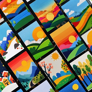 多彩几何风景临摹卡儿童创意美术明信片丙烯马克笔风景插画范图
