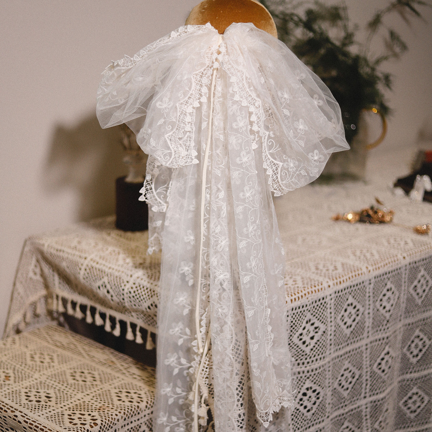 喜看手作白色唯美百搭蝴蝶结蕾丝头纱新娘结婚礼服写真韩式配饰品