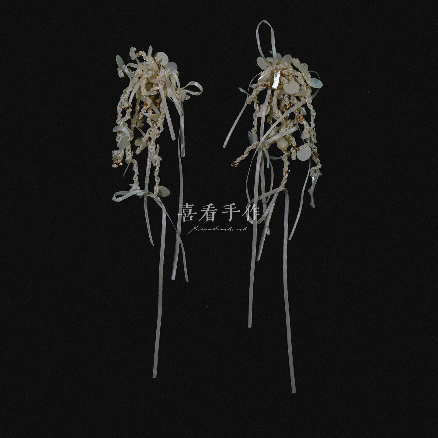 手作编织缎带贝母耳钉
