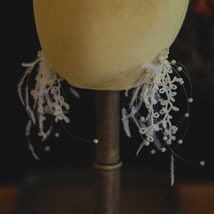 原创手作串珠羽毛耳夹新娘结婚森系婚纱礼服复古写真样片造型配饰