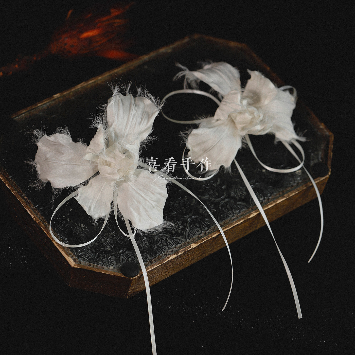 手作白色花瓣飘带发钗发簪