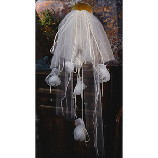 喜看原创手作泡泡纱花瓣蕾丝长头纱新娘结婚韩式写真婚纱礼服配饰