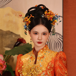 喜看手作重工金色绒花新中式秀禾新娘头饰敬酒服旗袍写真盘发饰品