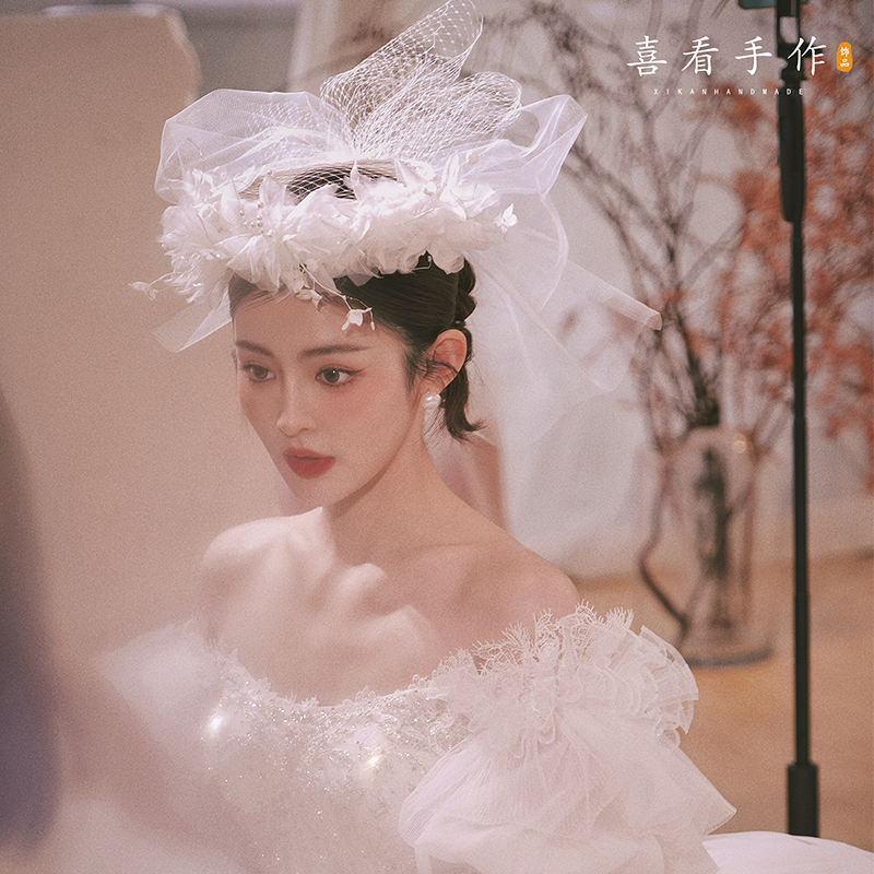 手作唯美白色蕾丝花瓣礼帽发圈