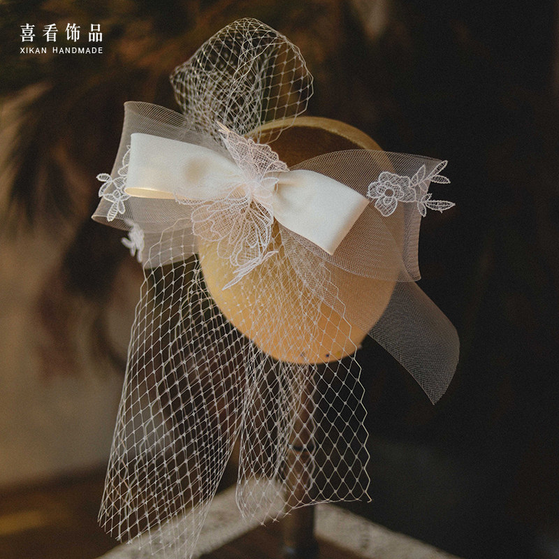 手作简约蕾丝蝴蝶结头纱新娘结婚婚纱礼服旅拍领证盘发造型配饰品