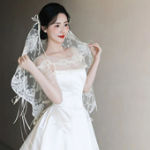 喜看手作法式 复古蕾丝蝴蝶结头纱新娘结婚小众婚纱礼服写真配饰品