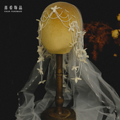 原创手作铃兰花瓣串珠包头帽纱头纱新娘结婚复古写真婚纱礼服配饰