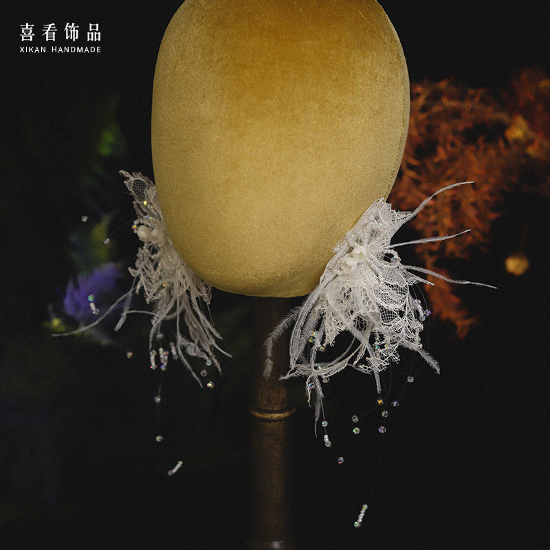手作蕾丝羽毛串珠耳夹