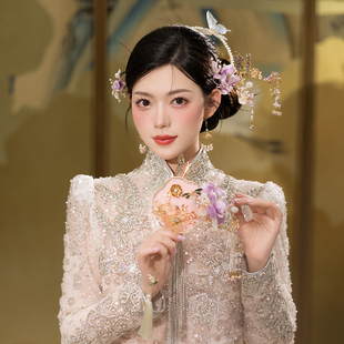 高端手作紫色花瓣新中式秀禾头饰套装新娘结婚礼服旗袍盘发配饰品