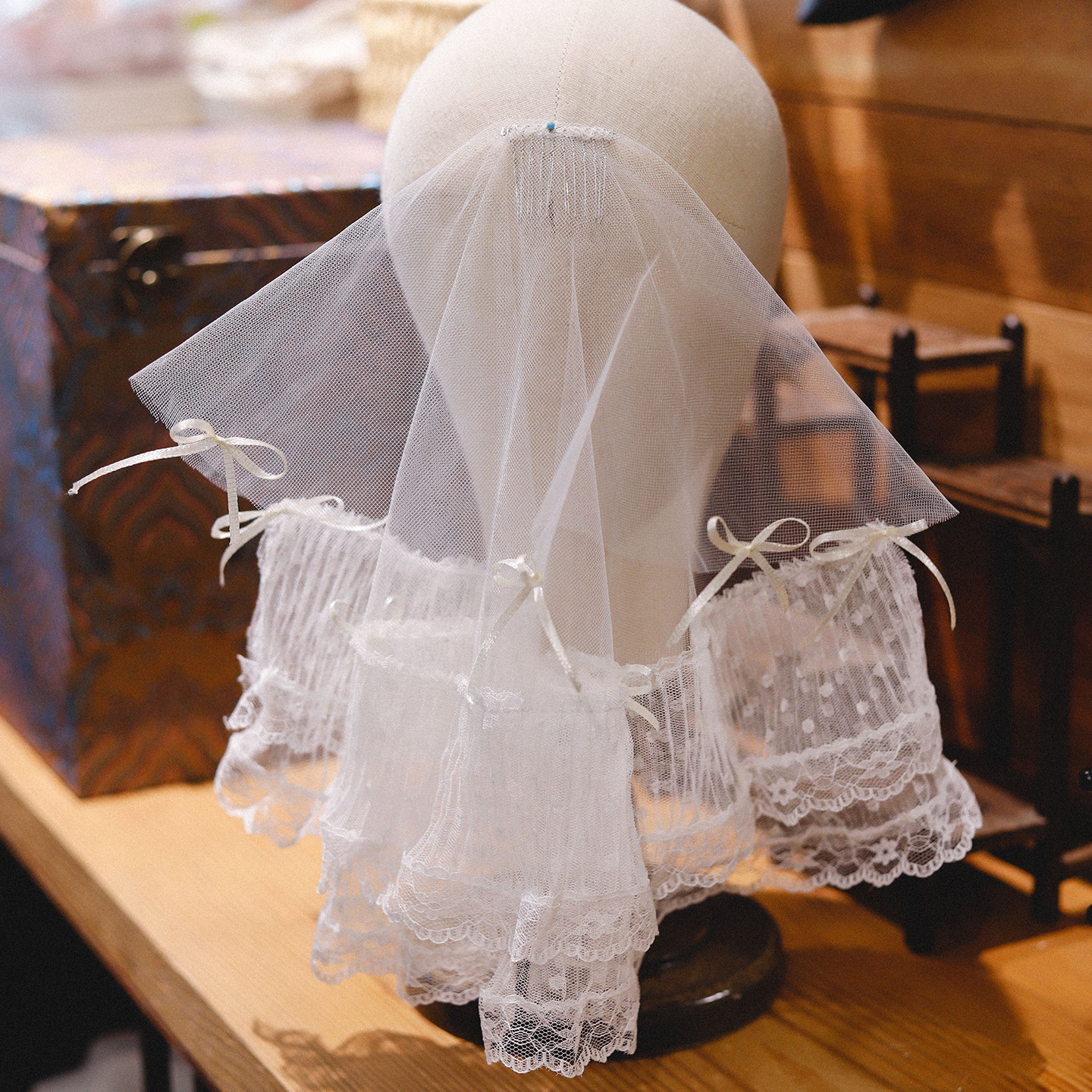 喜看手作蝴蝶结蕾丝双层头纱新娘结婚婚纱礼服领证跟妆盘发配饰品