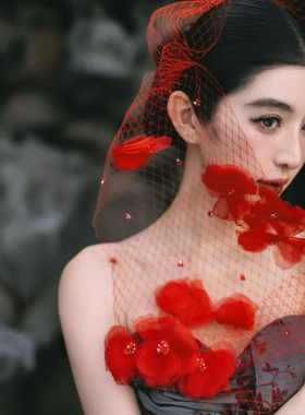 唯美酒红色花瓣蕾丝网纱