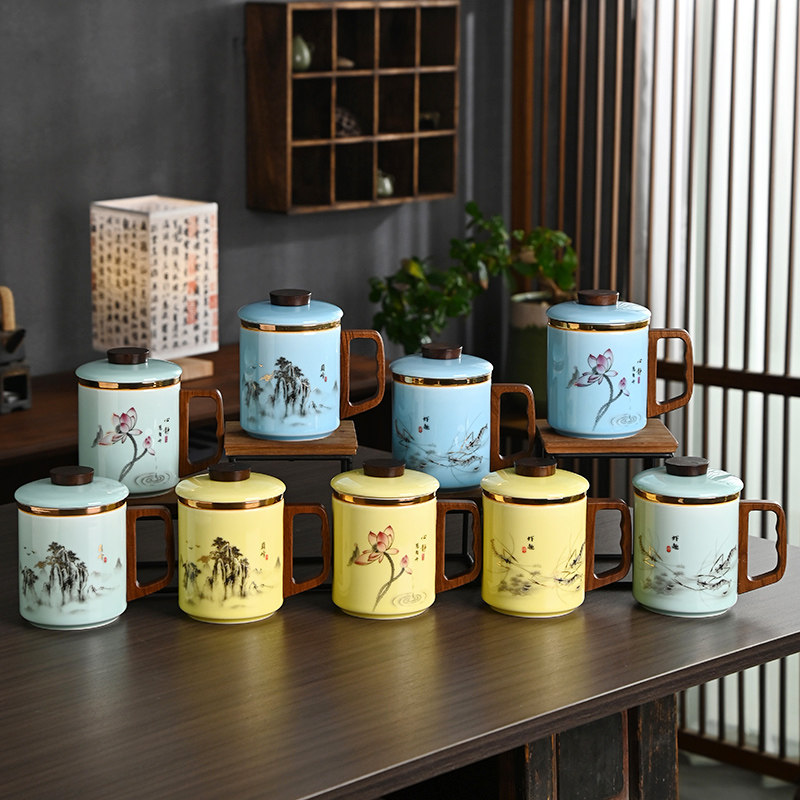 茶水分离陶瓷泡茶杯办公家用带盖茶杯