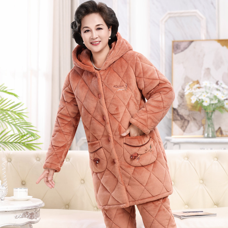 加长款连帽睡衣女秋冬季中老年妈妈珊瑚绒夹棉加厚保暖加绒家居服