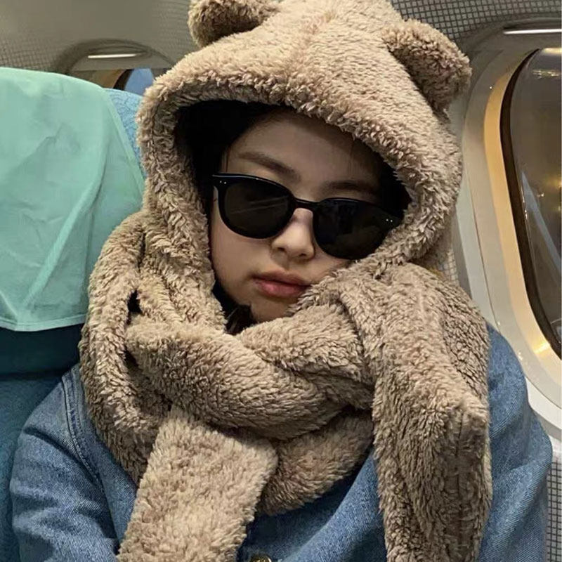 Jennie同款小熊围巾帽子一体女冬毛绒加厚保暖可爱围脖三件套学生