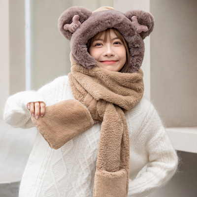 毛绒冬季小熊韩版帽子围巾手套