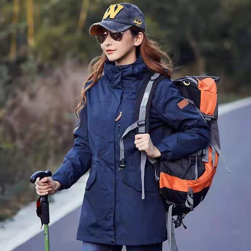 虹德齐三合一中长款情侣冲锋衣可拆卸防水防风登山服女珊瑚绒内胆
