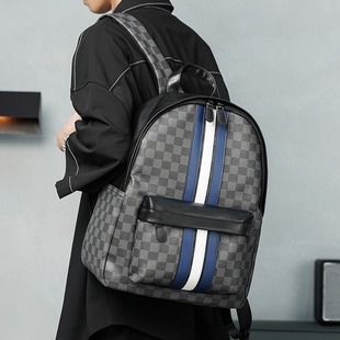 新款潮牌男双肩包皮质时尚潮流拼接撞色背包大学生书包皮质电脑包