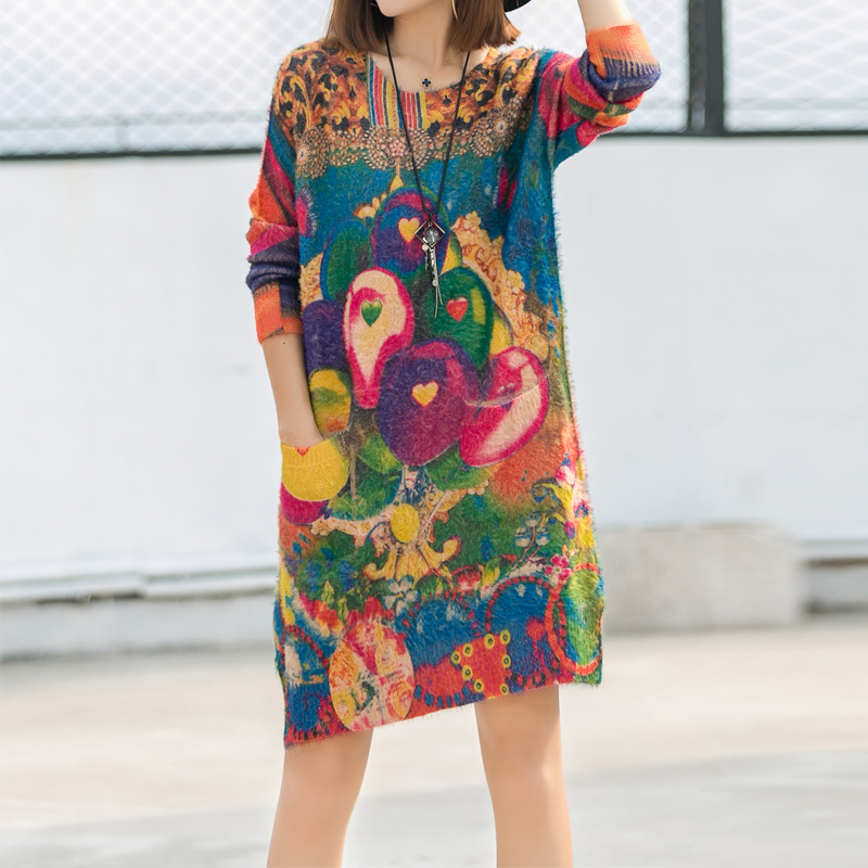 圆领印花宽松中长款羊毛打底衫