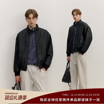 VMCL老钱风哑光水洗PU皮短宽保暖哈灵顿皮衣夹克男25AW vermicell
