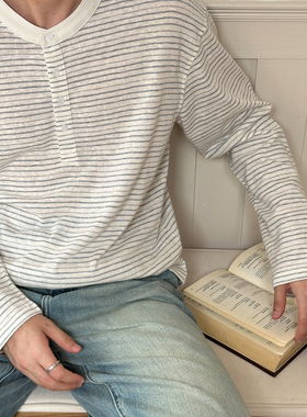 VMCL慵懒老钱风浅色条纹亨利领薄长袖秋男女情侣25AW vermicelli