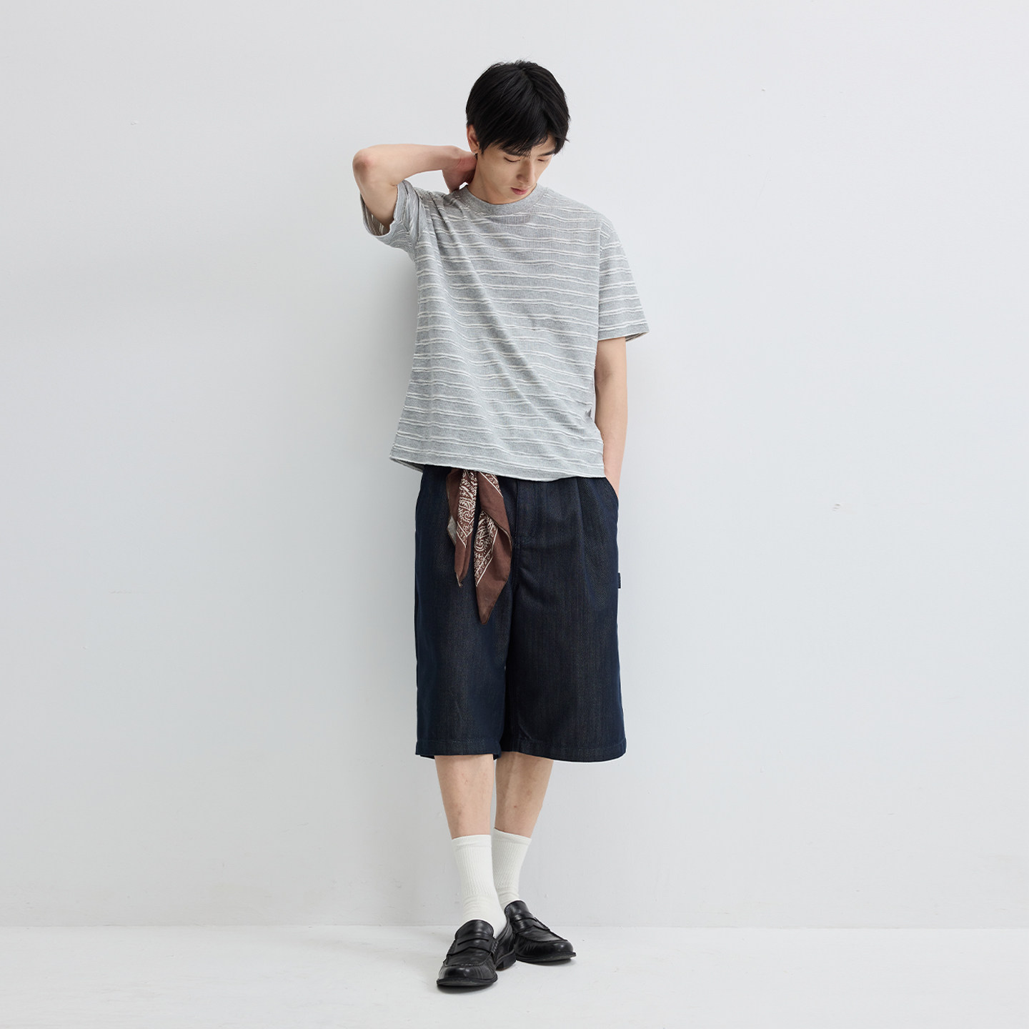 VMCL松弛感立体烧花灰调波浪条纹宽松短袖TEE恤男26SS vermicelli